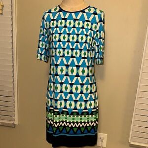 Eliza J Geometric Patterned Blue and Green Dress